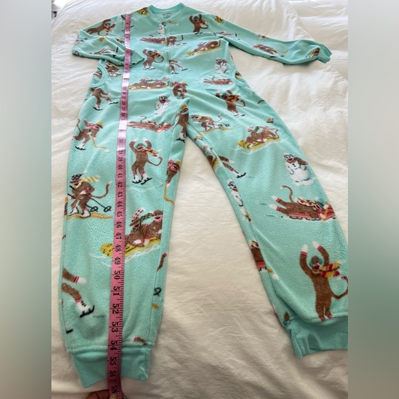 Nick & Nora | Women’s SZ S | Pajamas Aqua Skiing Sock Monkeys One Piece Fleece - Picture 2 of 7